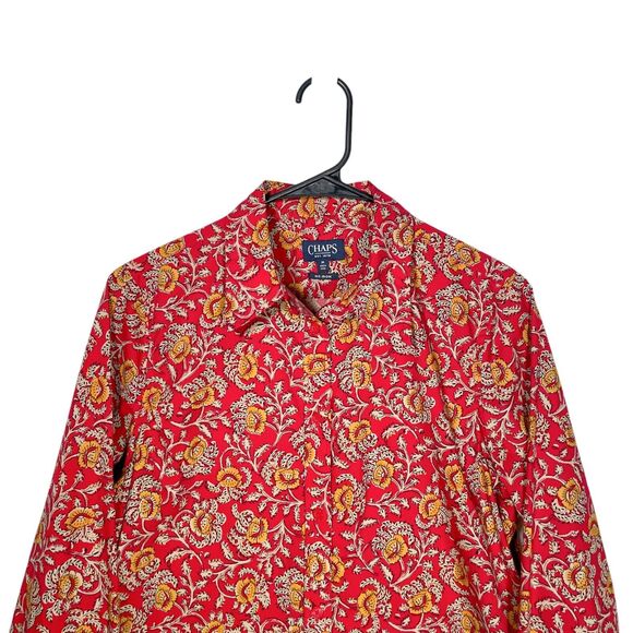 Chaps Ralph Lauren Womens Shirt Button Up Red Yellow Floral No Iron Blouse Top M - Picture 4 of 8